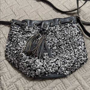 Sequin Crossbody Bag with Leather-Trim in Silver and Black